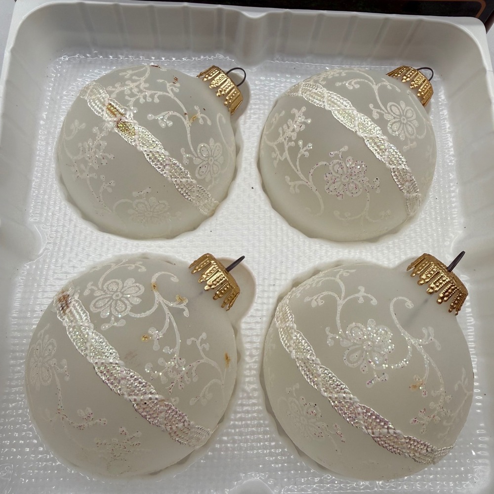 Vintage Hand Decorated Frosted Glass Christmas Ornaments White Floral Set of 4
